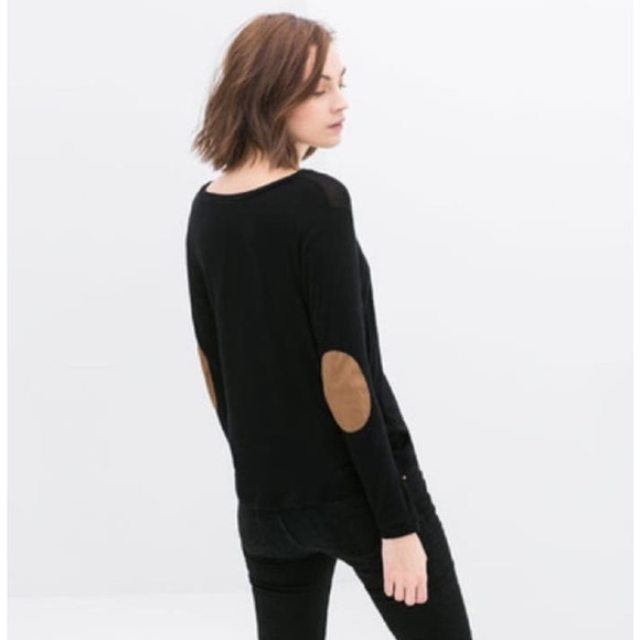 Zara Trafaluc Knit Olive Green Elbow Suede Patch Crewneck Pullover Sweater Small - Picture 1 of 10